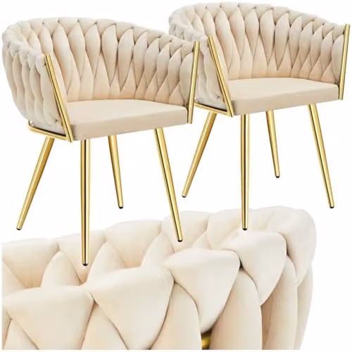 tectake Astano Set of 2 Velvet Dining Chairs with Knot Design in Sand and Gold