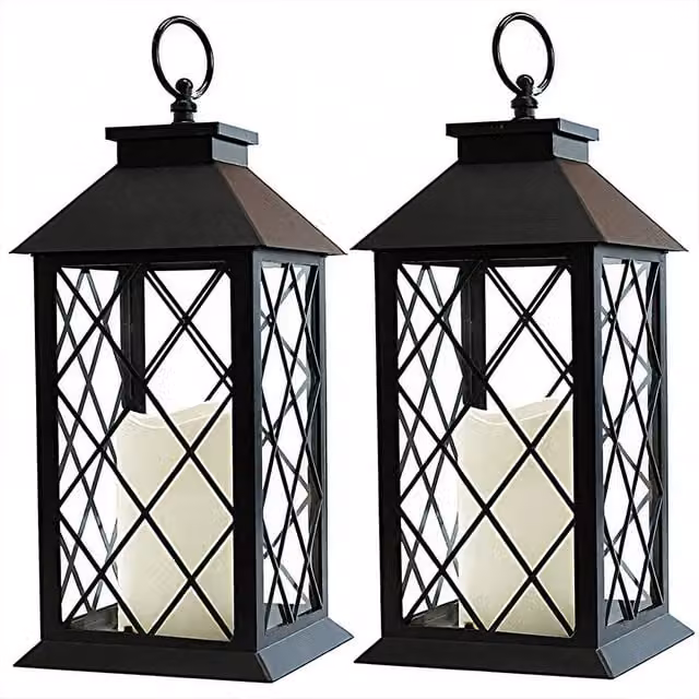 Bright Zeal Set of 2 Black Vintage Hanging Lanterns with LED Flicker Pillar Candles and Timer, Height: 34 cm