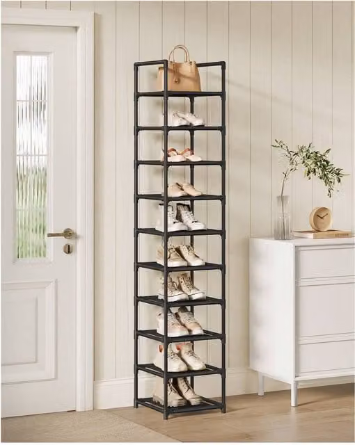 SONGMICS 10-Tier Metal Shoe Rack with Adjustable Shelves in Black