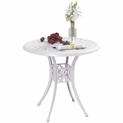 Outsunny Round Garden Dining Table with Parasol Hole, White, W: 78 cm, D: 78 cm, H: 74 cm