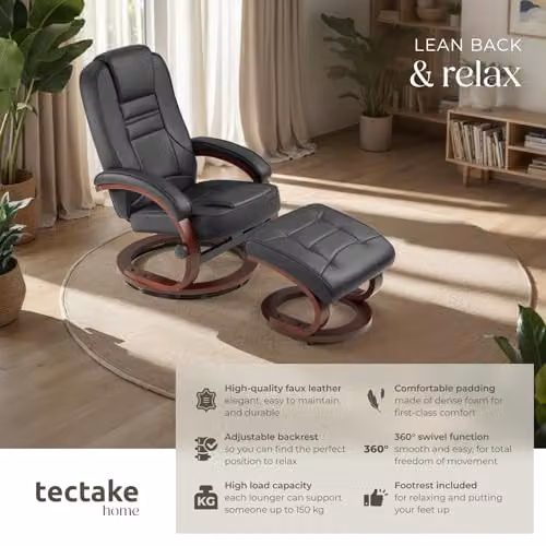 tectake Swivel Recliner Chair with Ottoman and Synthetic Leather Cover in Black and Brown – 4