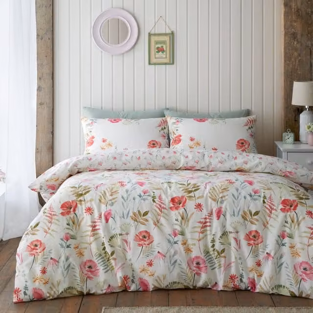 Catherine Lansfield Ella Poppy Reversible Floral Duvet Cover Bedding Set, Cream, Pink, Green and White Cotton Blend