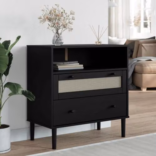 vidaXL SENJA Sideboard in Black Lacquered Solid Pine Wood with Rattan Look, W/D/H: 80 x 40 x 80 cm – 2