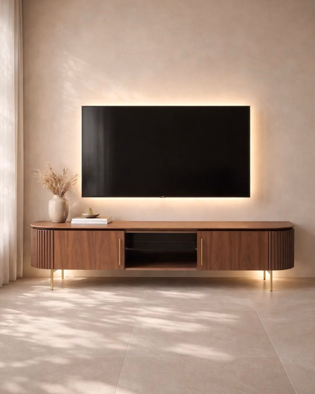Tommy Franks Lantine Modern Walnut and Brass TV Unit, W/D/H: 200 x 52 x 42 cm