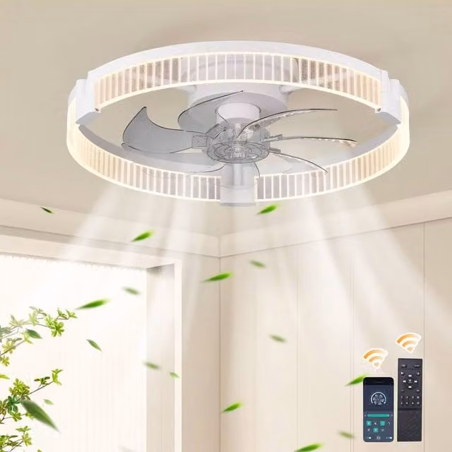 NIVOR Modern White Low Profile Ceiling Fan with Dimmable LED Light and Remote Control – 1