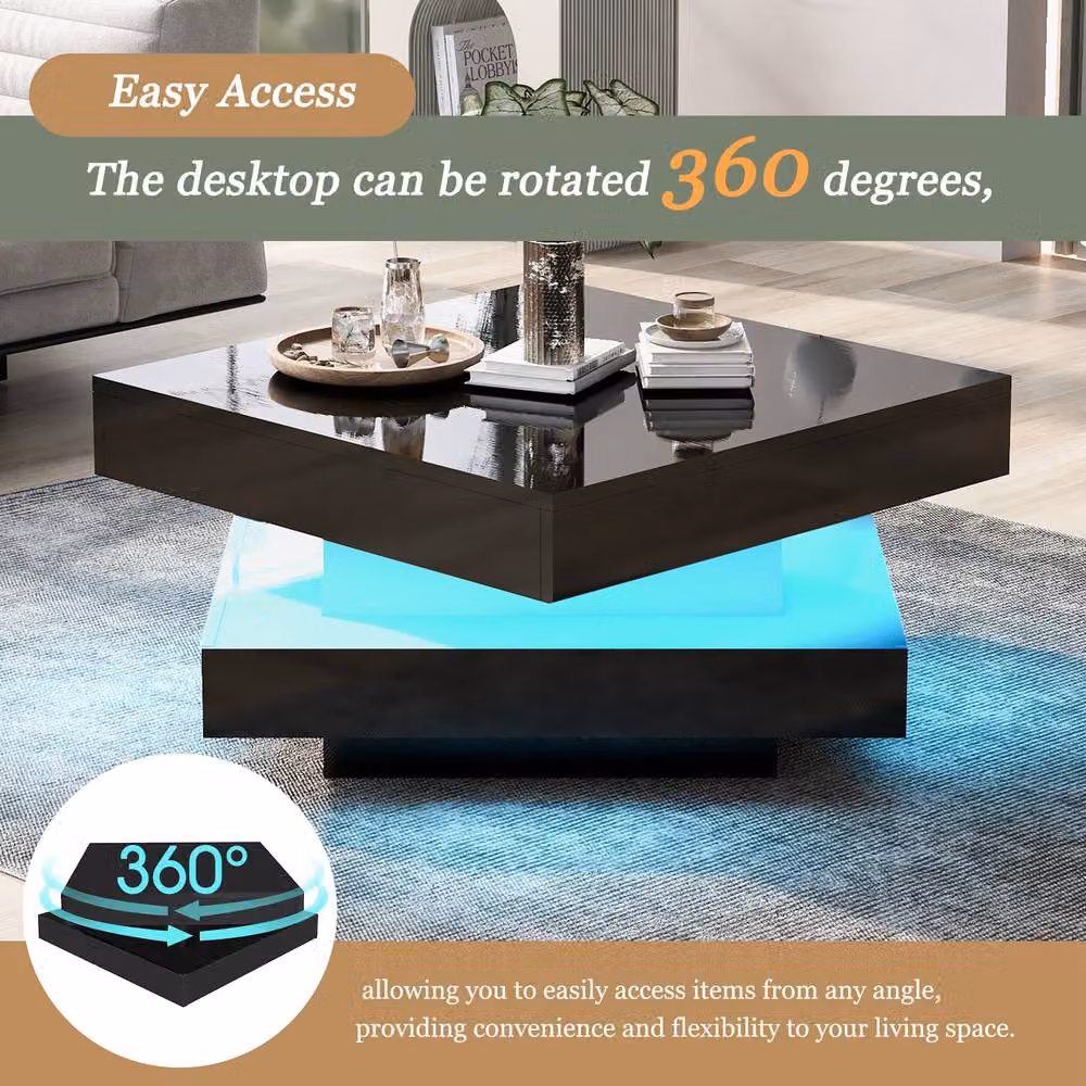 Fascinate Black High Gloss Square Coffee Table with Rotating Top and 16-Colour LED Light, W/D/H: 70.0 x 36.0 x 50.0 cm – 3