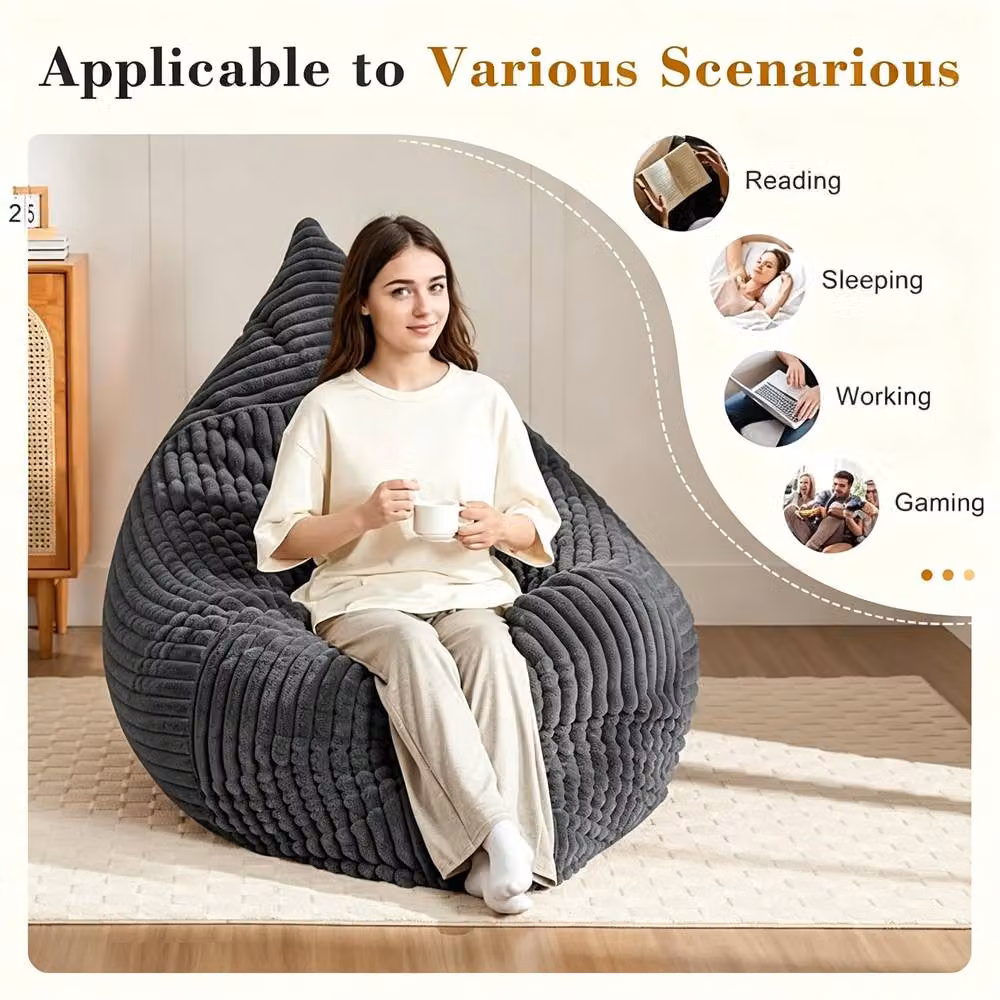 STILVORA 3-in-1 Convertible Bean Bag Chair in Grey Corduroy with Removable Cover and Shredded Memory Foam – 4