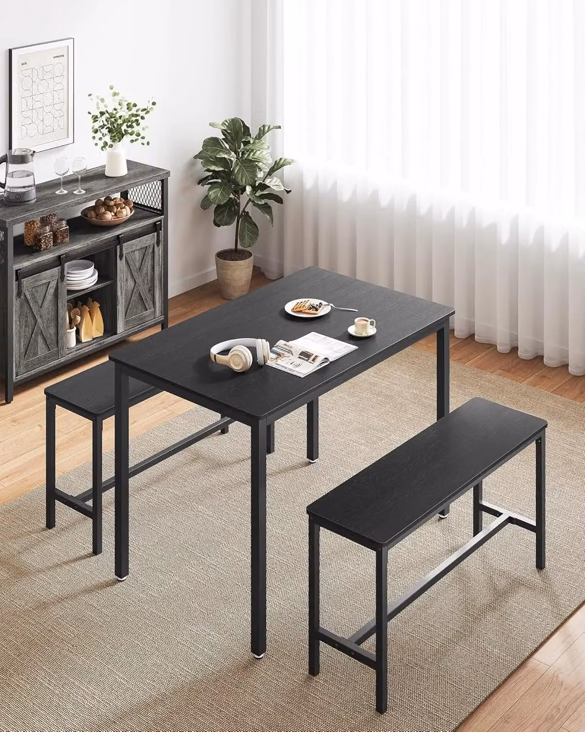 VASAGLE 3 Piece Industrial Style Dining Table and Benches Set in Black – 2
