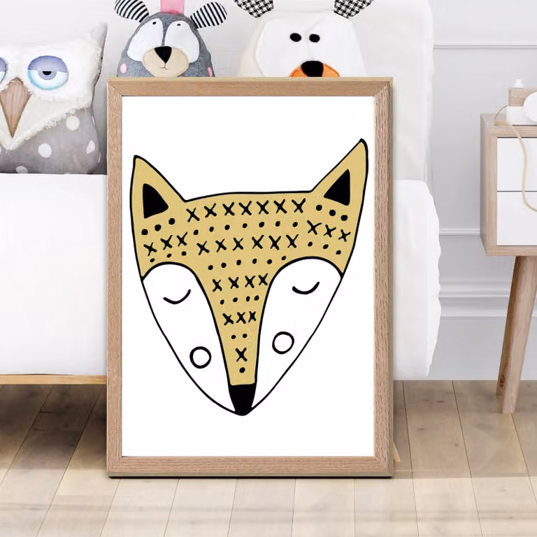 ARTZE Yellow Fox Scandi Animal Framed Print with Oak Wood Frame, A4