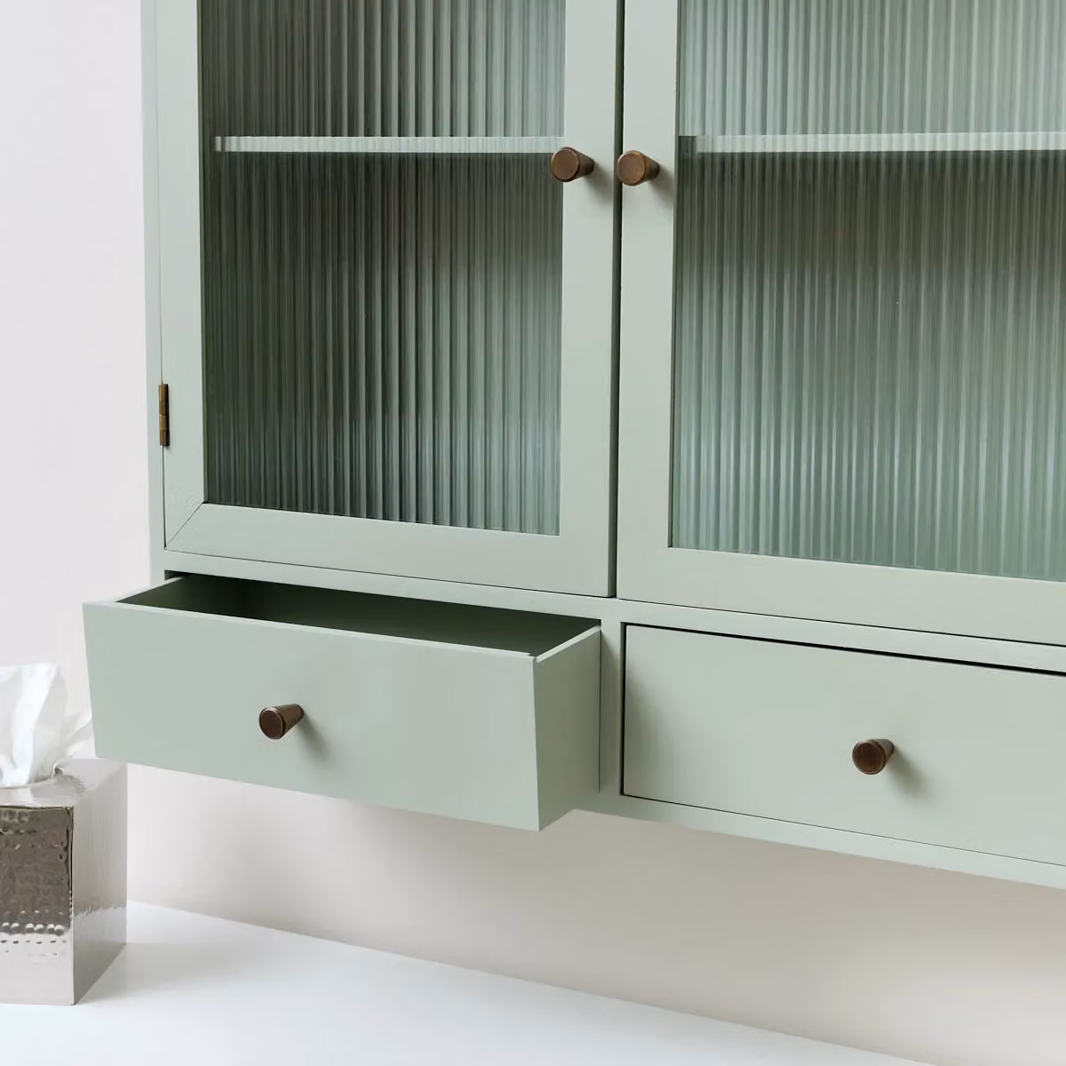 Melody Maison Sage Green Lacquered Wall Mounted Cabinet with Glass Doors and Drawers – 2