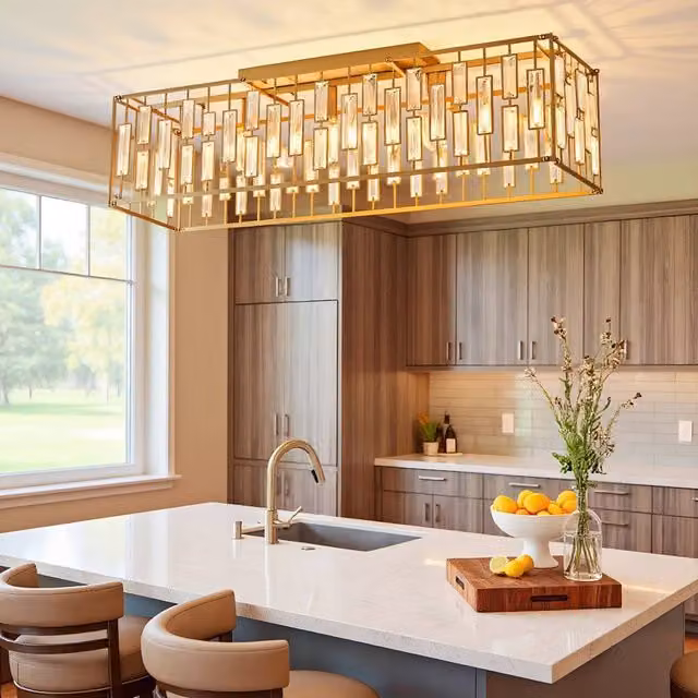 NIVOR Gold and Transparent Crystal Rectangular Ceiling Light, 98 cm, 6 x E27 Bulbs