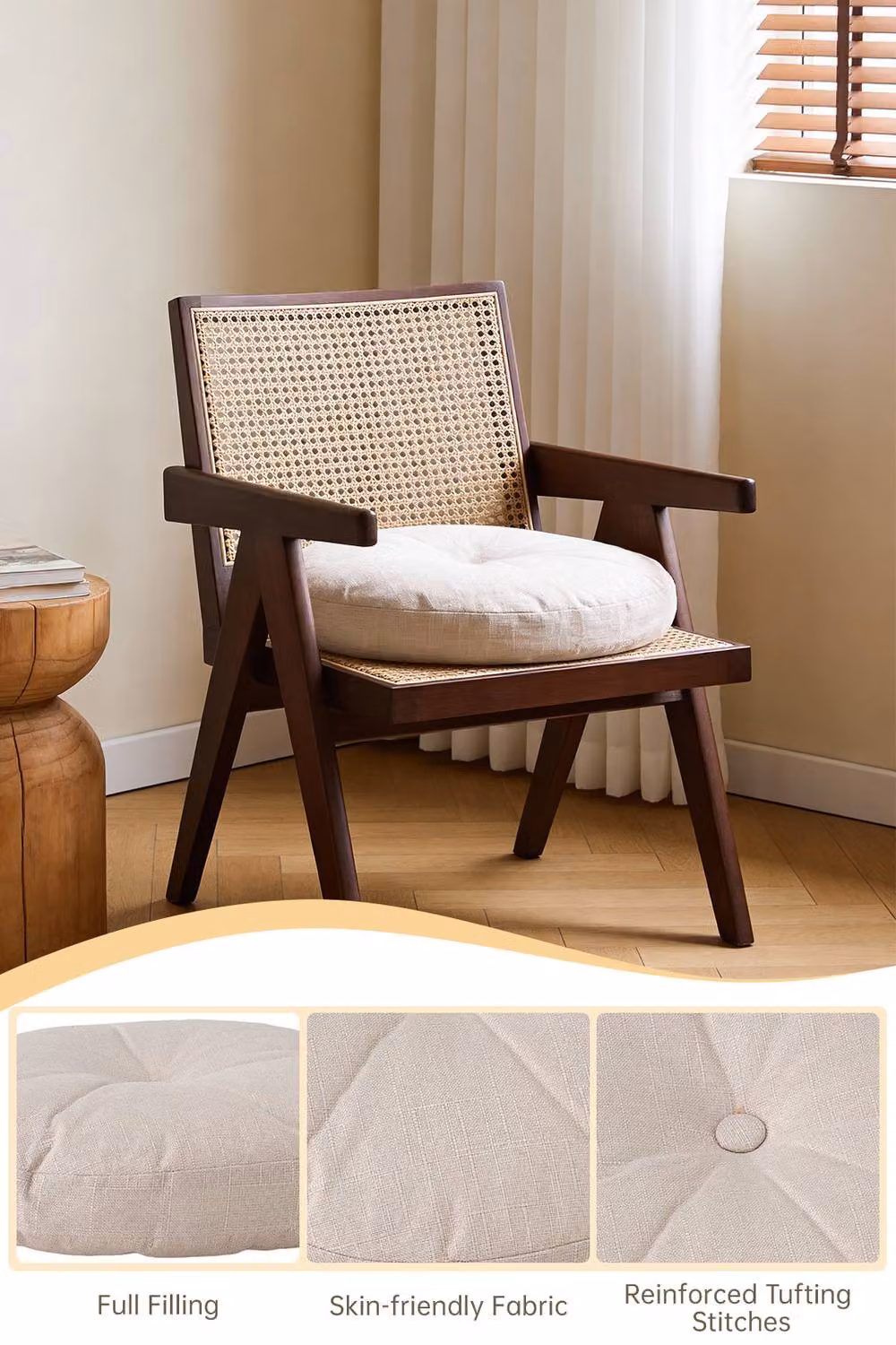 Living and Home Bohemian Style Round Linen Floor Cushion in Beige with Removable Cover – 2