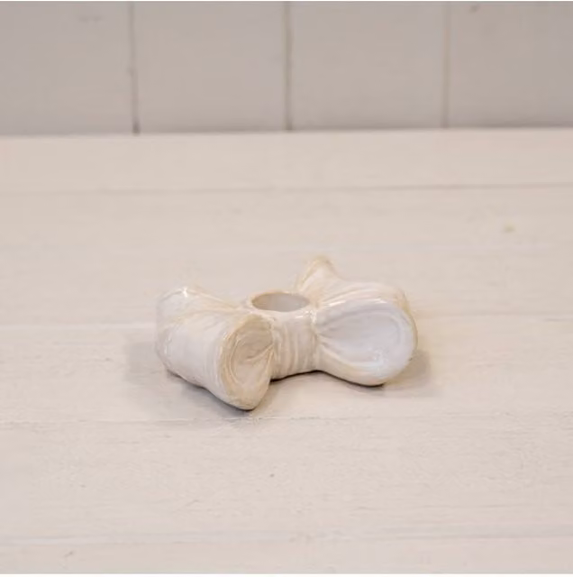 KDMD Glazed Ceramic Double Bow Taper Candle Holder in White
