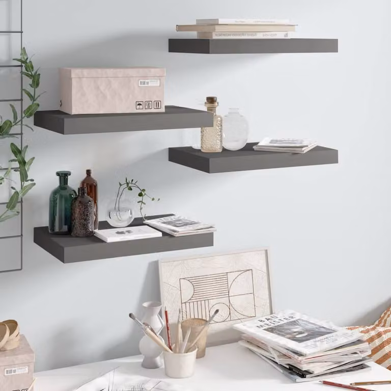 Berkfield Home Set of 4 Floating Wall Shelves in High Gloss Grey, W: 40 cm, D: 23 cm, H: 3.8 cm