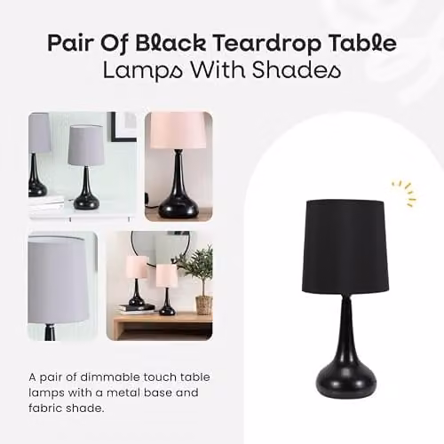 ValueLights Black Teardrop Touch Dimmer Table Lamp with Grey and Pink Fabric Shade and LED Bulb – 2