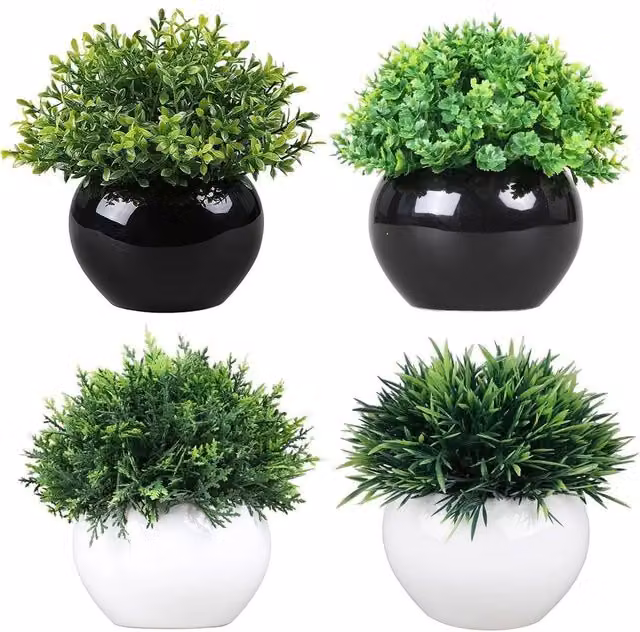 VOGREX Set of 4 Green Artificial Potted Trees in Black Metal Pots for Indoor Tabletop Decor
