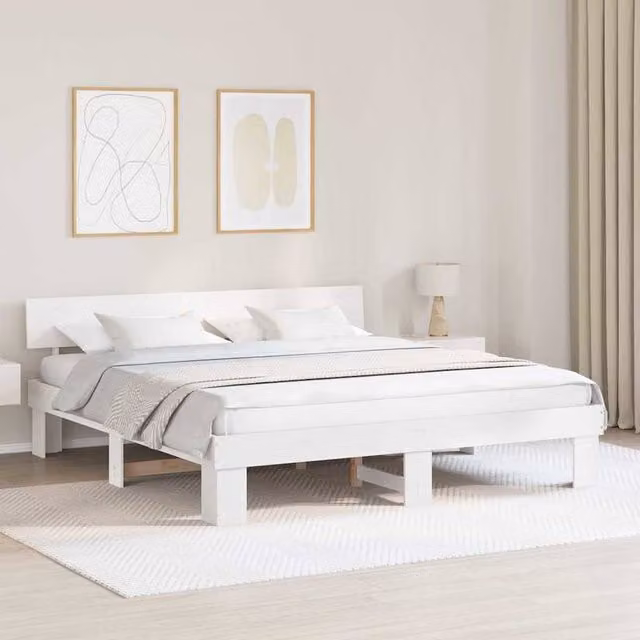 Berkfield Home Modern White Solid Pine Wood Bed Frame with Headboard W/D/H: 200 x 200 cm
