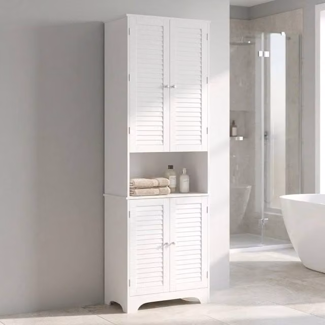 STILVORA White Retro Bathroom Storage Cabinet with Roll Shutter Doors and Internal Shelves, H: 182.5 cm x W: 60.0 cm – 1