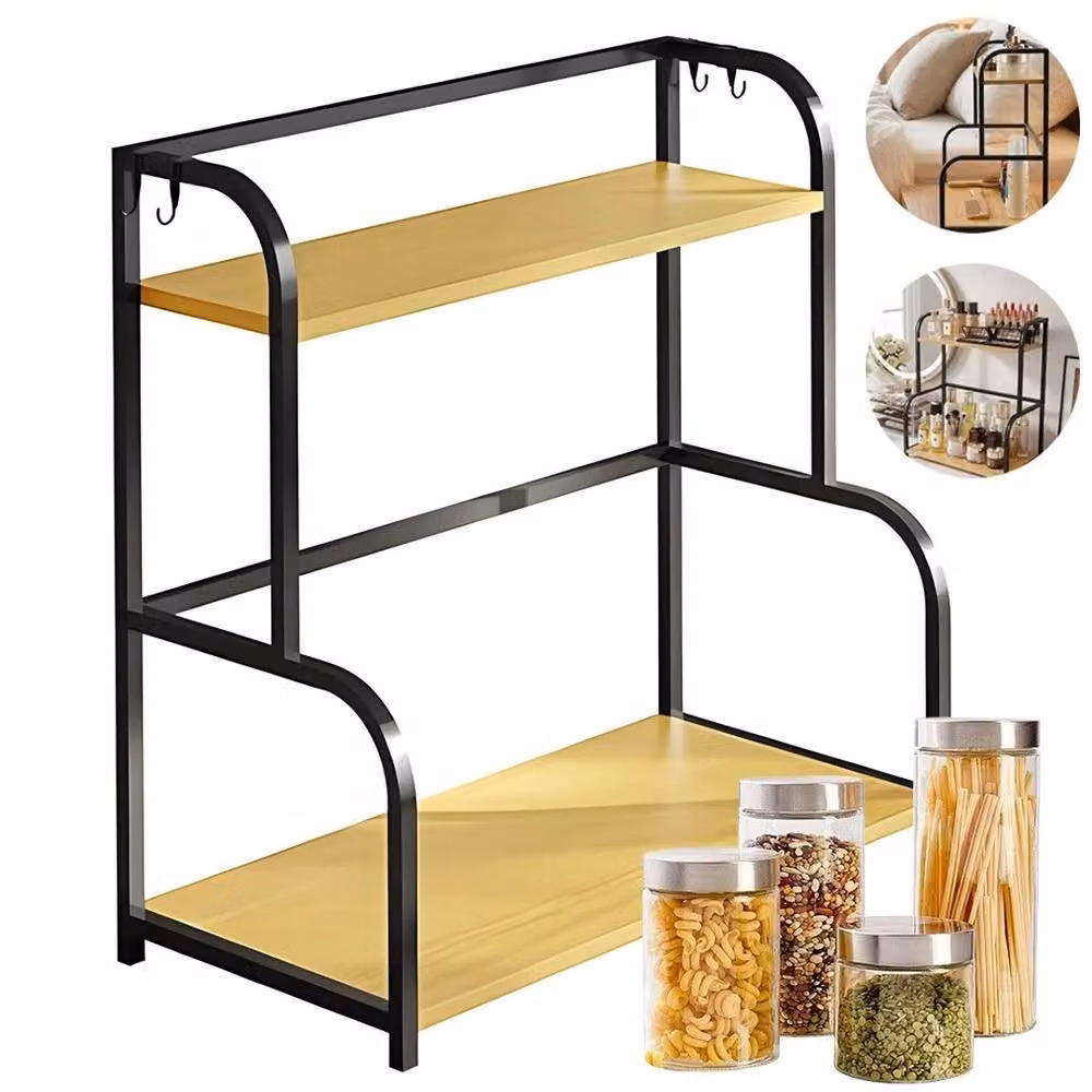 NESTLUNE 2 Tier Metal Spice Rack and Kitchen Shelf Organiser with Hooks in Matt Black – 2