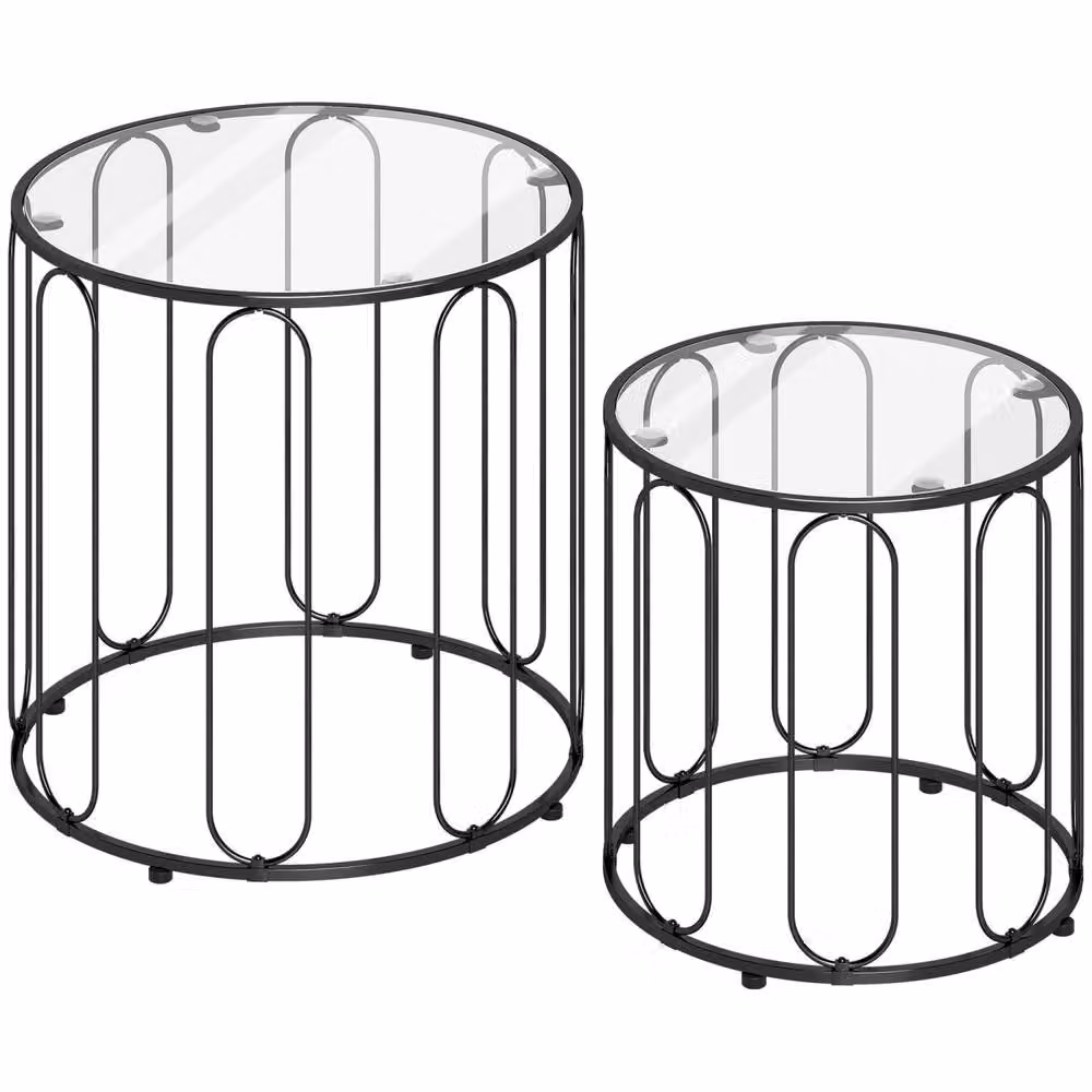 Wyld Haus Roro Set of 2 Black Oval Nesting Tables with Glass Tops and Metal Sled Base – 2