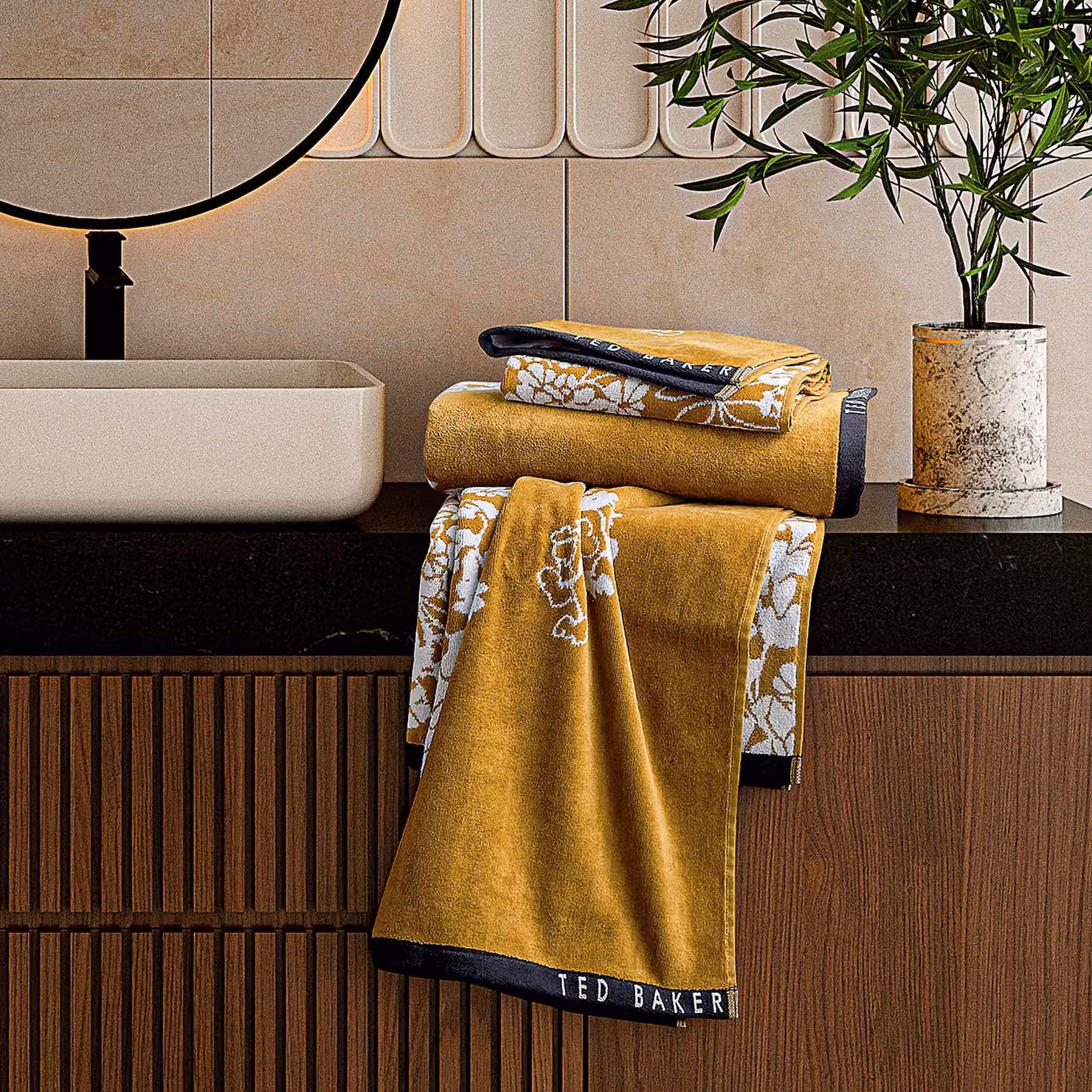 Ted Baker Wisteria Floral Cotton Terry Velour Bath Towel in Gold and Black – 2