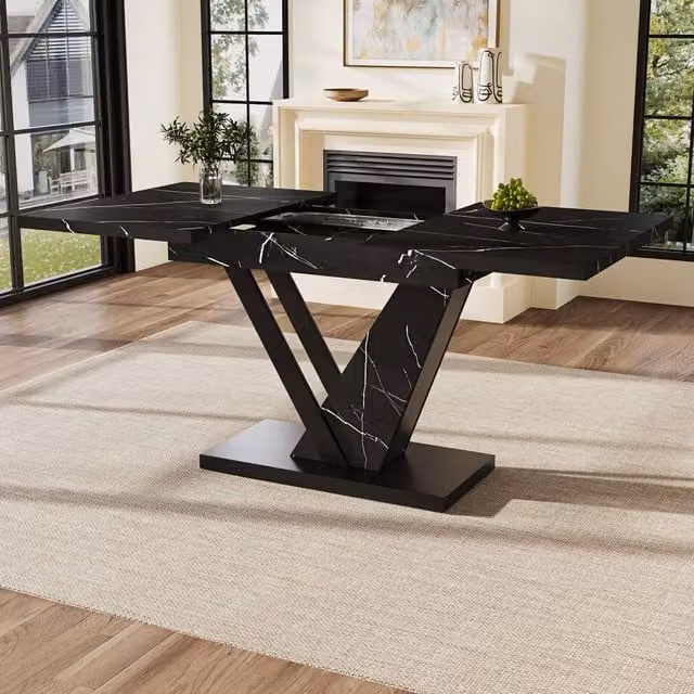 Rolipo Black Marble Effect Extendable Rectangular Dining Table in Black – 1