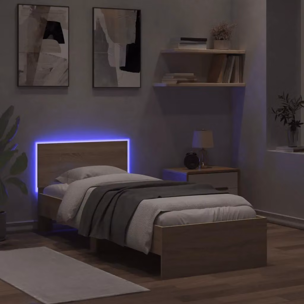 Berkfield Home Sonoma Oak Bed Frame with LED Lights and USB Charging Port, Brown, W: 90 cm, D: 200 cm – 3