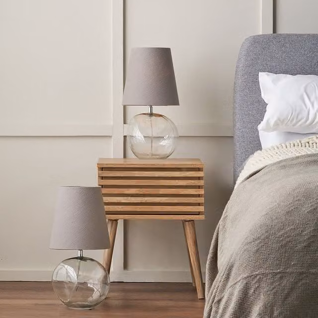 Pacific Lifestyle Set of 2 Hallie Glass Table Lamps with Grey Fabric Shades