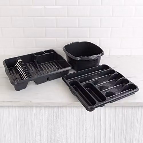 Wham Casa 3 Piece Plastic Kitchen Set in Midnight Black including Rectangular Bowl (Width: 38 cm), Cutlery Holder and Dish Drainer