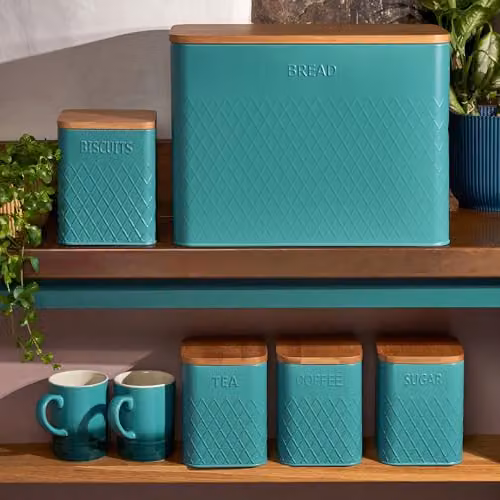 Cooks Professional 5 Piece Square Kitchen Storage Cannister Set with Bamboo Lids in Petrol Blue Stainless Steel – 3