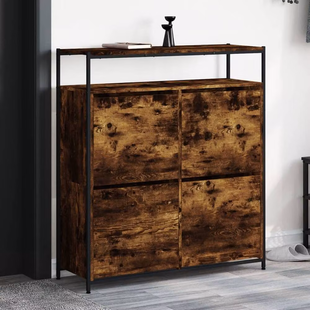 Berkfield Home Modern Shoe Cabinet with 4 Tilting Compartments in Smoked Oak Brown, W/D/H: 100 x 34 x 112 cm – 2