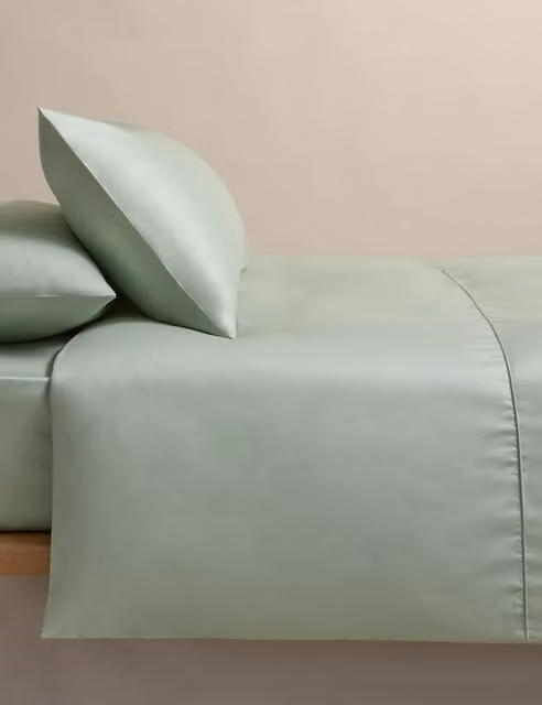 M&S Egyptian Cotton Mako Satin Duvet Cover Set, 230 Thread Count, Green, W: 180 cm x L: 200 cm