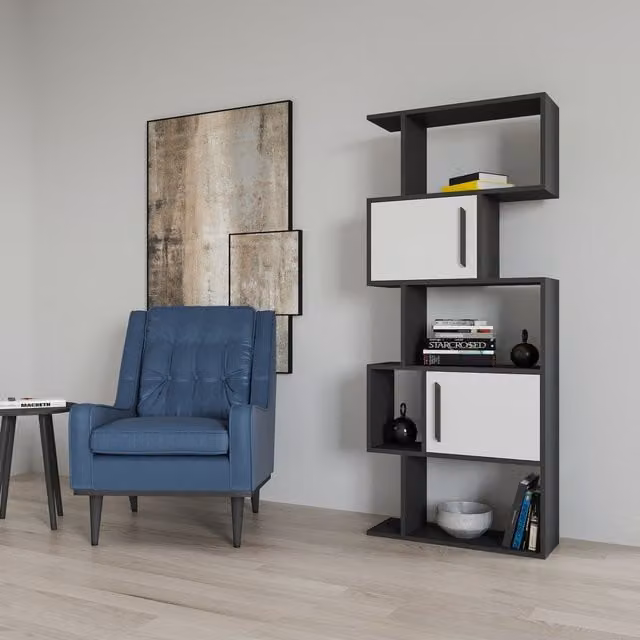 Decorotika Raven Industrial Geometric Bookcase with Cabinets in Anthracite and White, H: 173 cm, W: 71 cm
