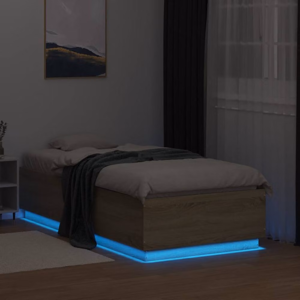 Berkfield Home Sonoma Oak Single Bed Frame with LED Lighting and USB Charging Port, Light Brown, W/D/H: 90 x 190 cm – 4
