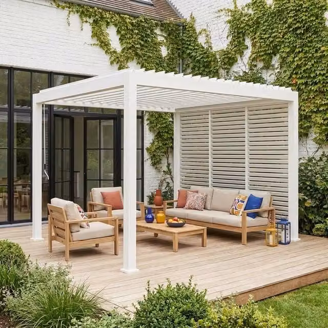 sweeek Aluminium Louvered Pergola with 3 x 100cm Louver Panels, White, W: 301 cm, D: 301 cm, H: 250 cm