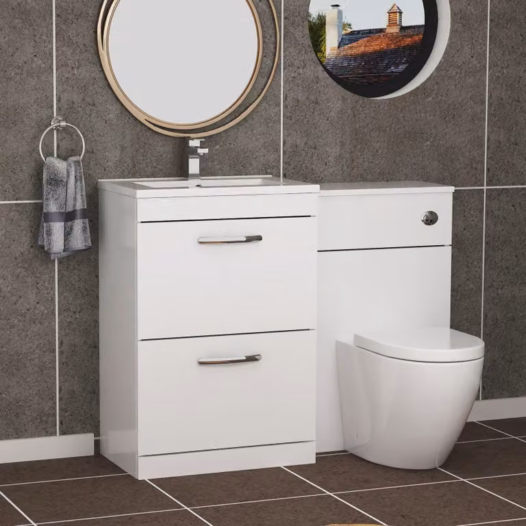 Royal Bathrooms Turin Gloss White Minimalist Floor Standing Bathroom Furniture Pack with Elva Toilet and 2-Drawer Vanity Unit