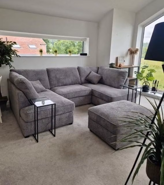 HOB Furniture London Modern U-Shape Boucle Sofa with Matching Ottoman in Dark Grey