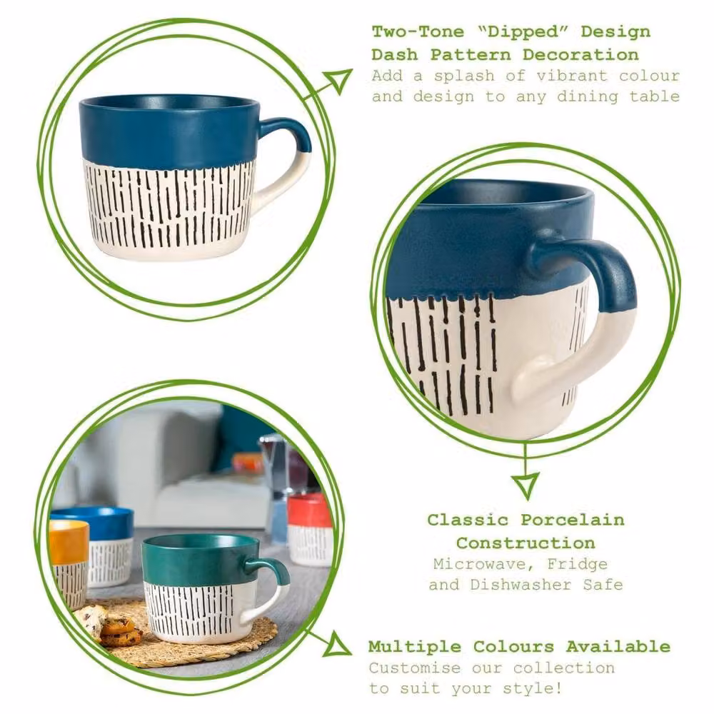 Nicola Spring Blue Dipped Dash Stoneware Coffee Mugs, Set of 6, 450 ml – 3