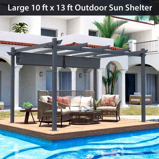 COSTWAY Modern Outdoor Retractable Grill Pergola in Beige Aluminium and Metal, W: 396.24 cm, D: 304.8 cm