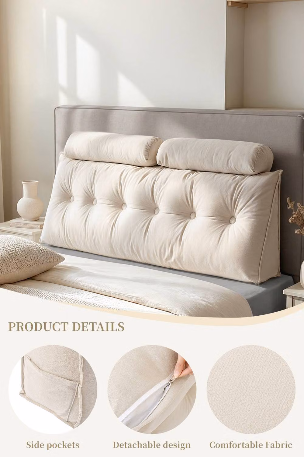 Living and Home Beige Chenille Wedge Headboard Pillow Set with Removable Cover and 2 Bolster Pillows – 2