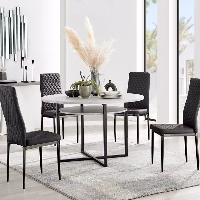 FurnitureboxUK Adley Grey Concrete Effect and Black Round Dining Table with Shelf and 4 Faux Leather Milan Dining Chairs