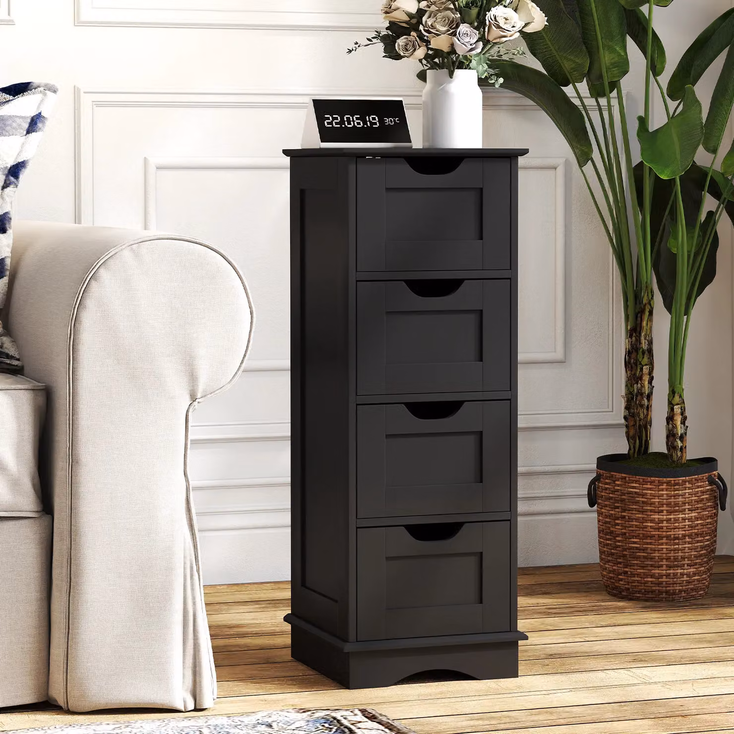 Gymax Modern Matt Black Freestanding 4-Drawer Narrow Storage Cupboard Bathroom Floor Cabinet – 7