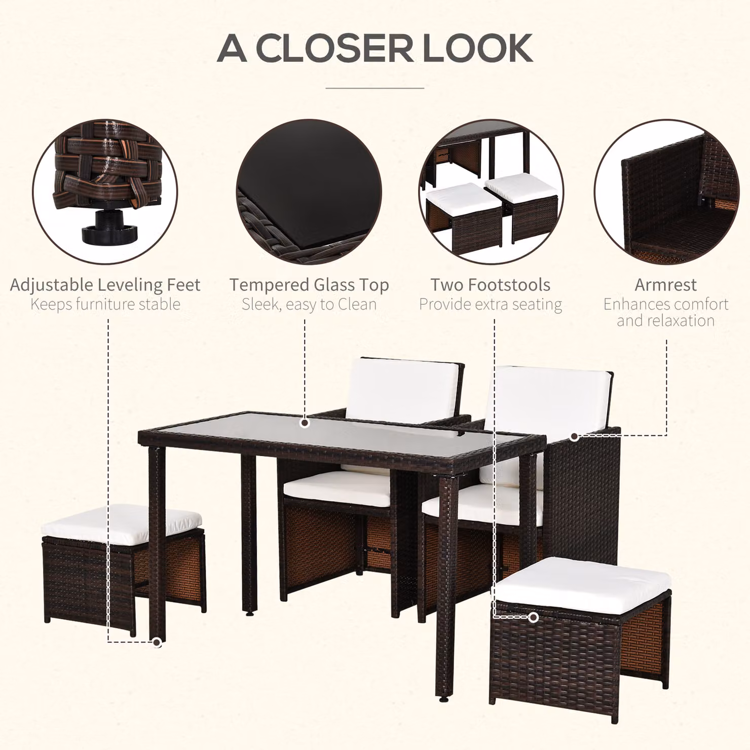 Outsunny 4-Seater Rattan Garden Furniture Set with Dining Table and Cushions in Brown – 6