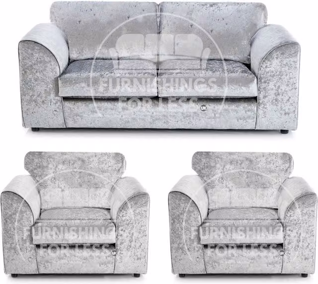 Furnishings For Less UK 3 Piece Crystal Crushed Velvet Sofa Suite in Silver, including 3 Seater, 2 Seater and Armchair