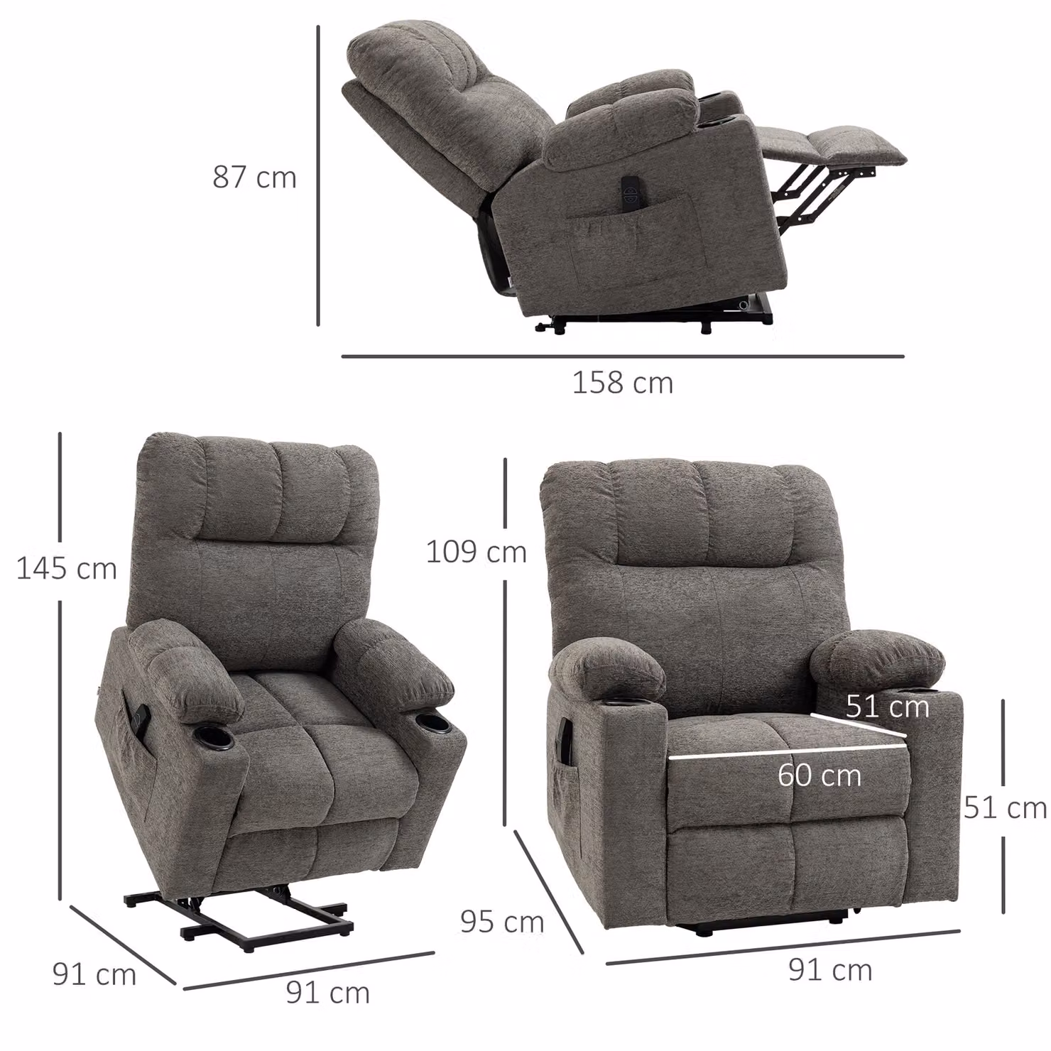 HOMCOM Grey Velvet Electric Power Lift Riser and Recliner Chair for Seniors with Armrests – 3
