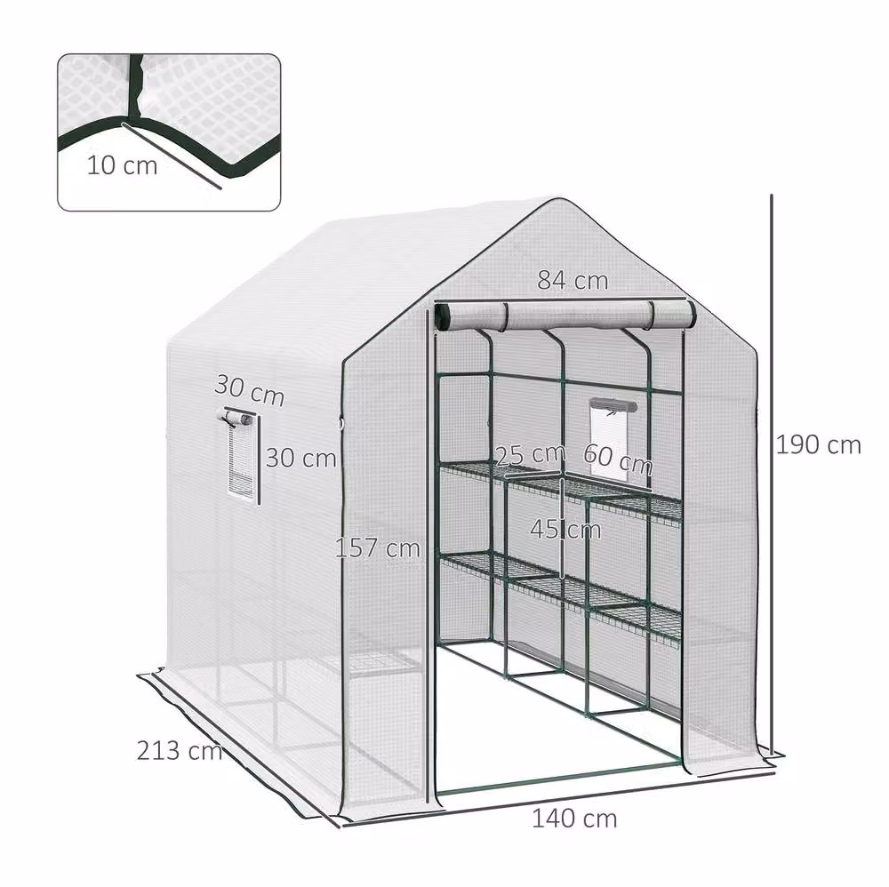 STILVORA Walk-in Greenhouse with 12 Shelves and Roll-up Door, White, H: 213 cm, W: 140 cm, D: 140 cm – 3