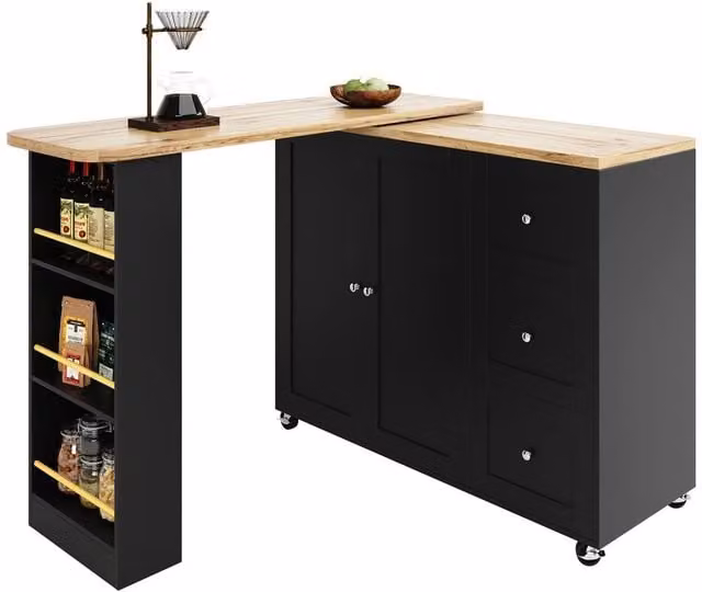 Rolipo 360 Swivel Bar Table and Kitchen Island with 3 Drawers, Black – 1