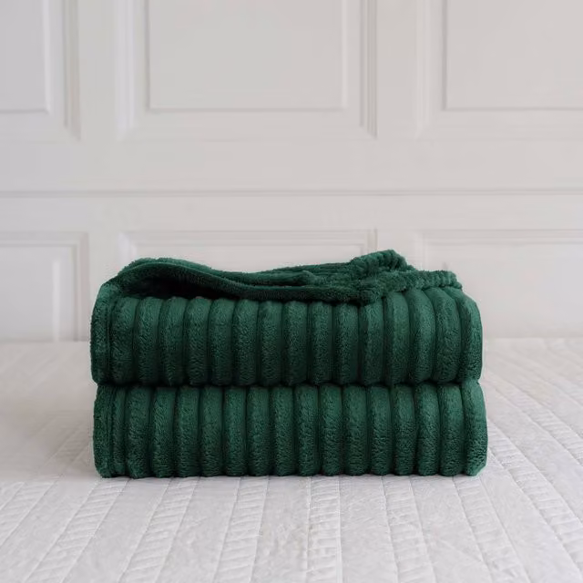 Velosso Green Striped Velvet Throw Blanket, W/D: 305 x 305 cm