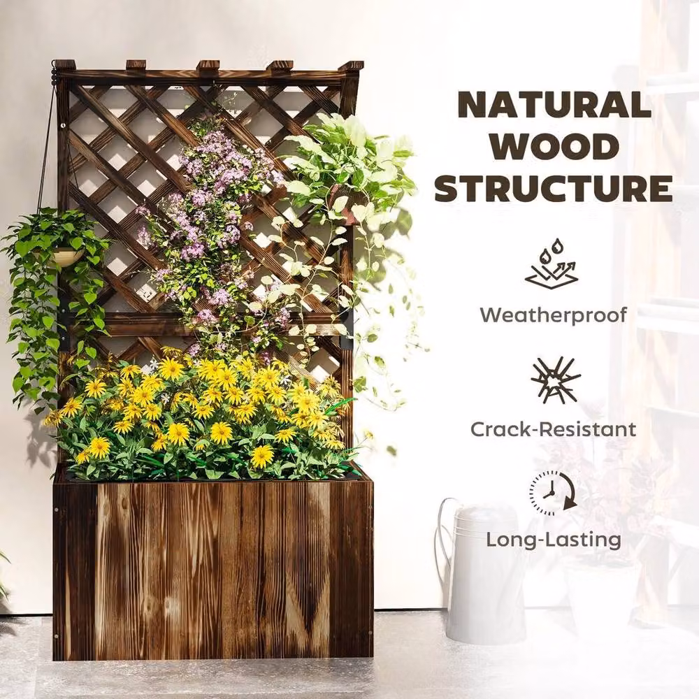 Kelvenix Wooden Planter with Trellis and Drainage Holes in Brown – 3