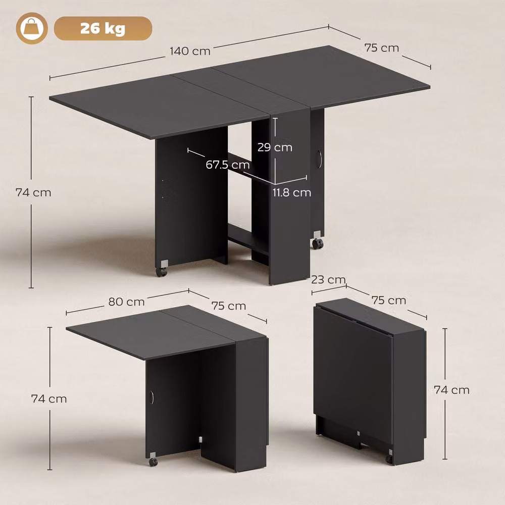STILVORA Modern Black Drop Leaf Dining Table with Storage and Castors – 3